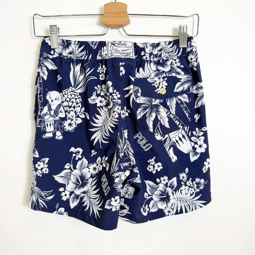 Polo Ralph Lauren Swim Trunks Boys M 10-12 Navy Blue Hawaiian Polo Bear Tropical